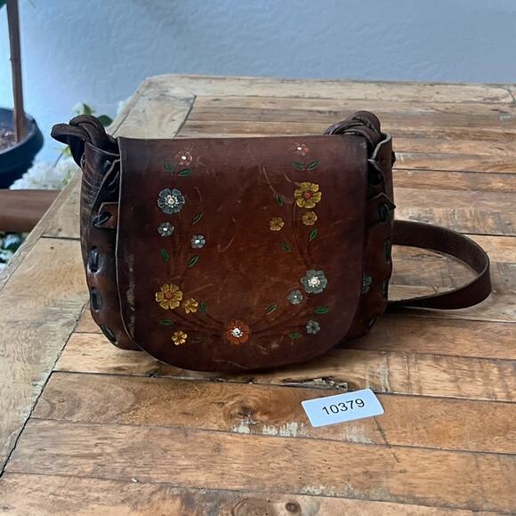 Vintage Shoulder Bag 8.5in Hand Tooled Braided Leather W/ Hand Painted Flowers - Picture 15 of 15